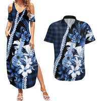 Hawaii Ukulele Couples Matching Summer Maxi Dress and Hawaiian Shirt Tropical Flowers With Palaka Effect Blue Version - Polynesian Pride