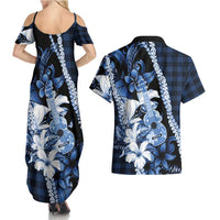 Hawaii Ukulele Couples Matching Summer Maxi Dress and Hawaiian Shirt Tropical Flowers With Palaka Effect Blue Version - Polynesian Pride