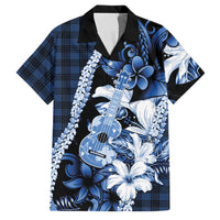 Hawaii Ukulele Family Matching Off The Shoulder Long Sleeve Dress and Hawaiian Shirt Tropical Flowers With Palaka Effect Blue Version LT05 Dad's Shirt - Short Sleeve Blue - Polynesian Pride