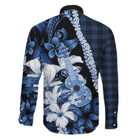 Hawaii Ukulele Family Matching Off The Shoulder Long Sleeve Dress and Hawaiian Shirt Tropical Flowers With Palaka Effect Blue Version LT05 - Polynesian Pride