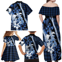 Hawaii Ukulele Family Matching Off Shoulder Maxi Dress and Hawaiian Shirt Tropical Flowers With Palaka Effect Blue Version - Polynesian Pride