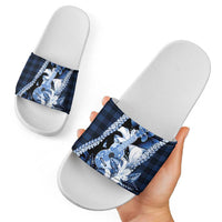 Hawaii Ukulele Slide Sandals Tropical Flowers With Palaka Effect Blue Version - Polynesian Pride