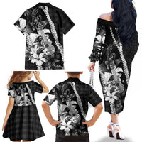 Hawaii Ukulele Family Matching Off The Shoulder Long Sleeve Dress and Hawaiian Shirt Tropical Flowers With Palaka Effect Black Version LT05 - Polynesian Pride