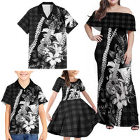 Hawaii Ukulele Family Matching Off Shoulder Maxi Dress and Hawaiian Shirt Tropical Flowers With Palaka Effect Black Version - Polynesian Pride