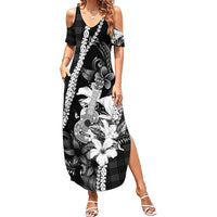 Hawaii Ukulele Summer Maxi Dress Tropical Flowers With Palaka Effect Black Version - Polynesian Pride