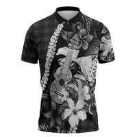 Hawaii Ukulele Zipper Polo Shirt Tropical Flowers With Palaka Effect Black Version - Polynesian Pride