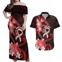 Heart Health Awareness Couples Matching Off Shoulder Maxi Dress and Hawaiian Shirt Warrior Wears Red Polynesian Style