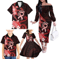 Heart Health Awareness Family Matching Off The Shoulder Long Sleeve Dress and Hawaiian Shirt Warrior Wears Red Polynesian Style