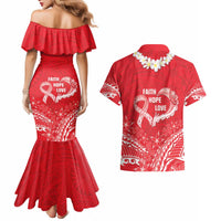 Heart Health Awareness Couples Matching Mermaid Dress and Hawaiian Shirt Polynesian Red Ribbon