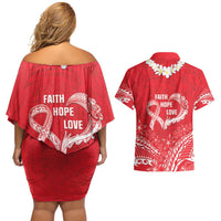 Heart Health Awareness Couples Matching Off Shoulder Short Dress and Hawaiian Shirt Polynesian Red Ribbon