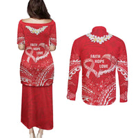 Heart Health Awareness Couples Matching Puletasi and Long Sleeve Button Shirt Polynesian Red Ribbon