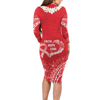 Heart Health Awareness Family Matching Long Sleeve Bodycon Dress and Hawaiian Shirt Polynesian Red Ribbon