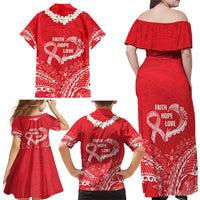 Heart Health Awareness Family Matching Off Shoulder Maxi Dress and Hawaiian Shirt Polynesian Red Ribbon