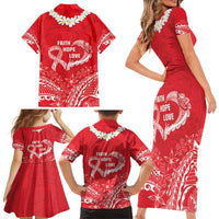 Heart Health Awareness Family Matching Short Sleeve Bodycon Dress and Hawaiian Shirt Polynesian Red Ribbon
