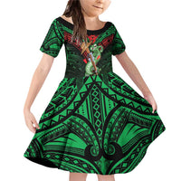New Zealand ANZAC Day Family Matching Off Shoulder Short Dress and Hawaiian Shirt Aotearoa Hei Tiki LT05 Daughter's Dress Green - Polynesian Pride