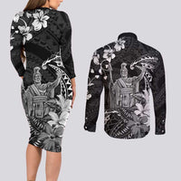 Hawaii King Kamehameha Day Couples Matching Long Sleeve Bodycon Dress and Long Sleeve Button Shirt Polynesian Pattern Mix Hibiscus Black