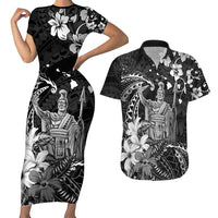 Hawaii King Kamehameha Day Couples Matching Short Sleeve Bodycon Dress and Hawaiian Shirt Polynesian Pattern Mix Hibiscus Black