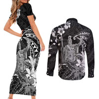 Hawaii King Kamehameha Day Couples Matching Short Sleeve Bodycon Dress and Long Sleeve Button Shirt Polynesian Pattern Mix Hibiscus Black