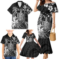 Hawaii King Kamehameha Day Family Matching Mermaid Dress and Hawaiian Shirt Polynesian Pattern Mix Hibiscus Black