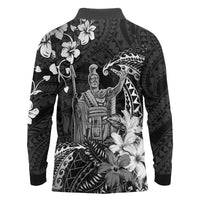 Hawaii King Kamehameha Day Long Sleeve Polo Shirt Polynesian Pattern Mix Hibiscus Black