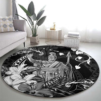 Hawaii King Kamehameha Day Round Carpet Polynesian Pattern Mix Hibiscus Black