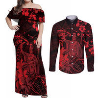 Hawaii King Kamehameha Day Couples Matching Off Shoulder Maxi Dress and Long Sleeve Button Shirt Polynesian Pattern Mix Hibiscus Red