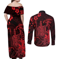 Hawaii King Kamehameha Day Couples Matching Off Shoulder Maxi Dress and Long Sleeve Button Shirt Polynesian Pattern Mix Hibiscus Red