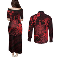 Hawaii King Kamehameha Day Couples Matching Puletasi and Long Sleeve Button Shirt Polynesian Pattern Mix Hibiscus Red