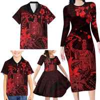 Hawaii King Kamehameha Day Family Matching Long Sleeve Bodycon Dress and Hawaiian Shirt Polynesian Pattern Mix Hibiscus Red