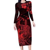 Hawaii King Kamehameha Day Family Matching Long Sleeve Bodycon Dress and Hawaiian Shirt Polynesian Pattern Mix Hibiscus Red