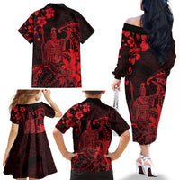 Hawaii King Kamehameha Day Family Matching Off The Shoulder Long Sleeve Dress and Hawaiian Shirt Polynesian Pattern Mix Hibiscus Red