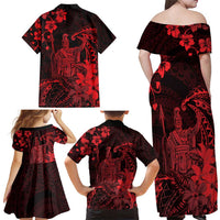 Hawaii King Kamehameha Day Family Matching Off Shoulder Maxi Dress and Hawaiian Shirt Polynesian Pattern Mix Hibiscus Red