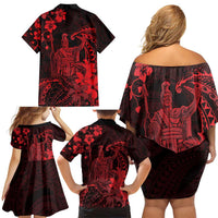Hawaii King Kamehameha Day Family Matching Off Shoulder Short Dress and Hawaiian Shirt Polynesian Pattern Mix Hibiscus Red