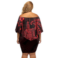 Hawaii King Kamehameha Day Family Matching Off Shoulder Short Dress and Hawaiian Shirt Polynesian Pattern Mix Hibiscus Red