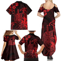Hawaii King Kamehameha Day Family Matching Summer Maxi Dress and Hawaiian Shirt Polynesian Pattern Mix Hibiscus Red
