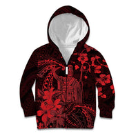 Hawaii King Kamehameha Day Kid Hoodie Polynesian Pattern Mix Hibiscus Red