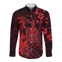 Hawaii King Kamehameha Day Long Sleeve Button Shirt Polynesian Pattern Mix Hibiscus Red