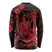 Hawaii King Kamehameha Day Long Sleeve Shirt Polynesian Pattern Mix Hibiscus Red