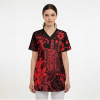 Hawaii King Kamehameha Day Scrub Top Polynesian Pattern Mix Hibiscus Red - Polynesian Pride