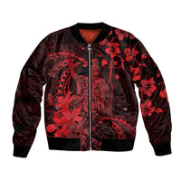 Hawaii King Kamehameha Day Sleeve Zip Bomber Jacket Polynesian Pattern Mix Hibiscus Red