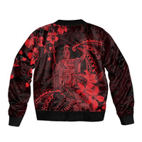 Hawaii King Kamehameha Day Sleeve Zip Bomber Jacket Polynesian Pattern Mix Hibiscus Red