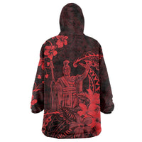Hawaii King Kamehameha Day Wearable Blanket Hoodie Polynesian Pattern Mix Hibiscus Red