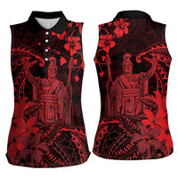 Hawaii King Kamehameha Day Women Sleeveless Polo Shirt Polynesian Pattern Mix Hibiscus Red