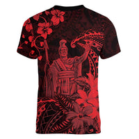 Hawaii King Kamehameha Day Women V-Neck T-Shirt Polynesian Pattern Mix Hibiscus Red