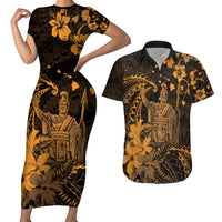 Hawaii King Kamehameha Day Couples Matching Short Sleeve Bodycon Dress and Hawaiian Shirt Polynesian Pattern Mix Hibiscus Gold