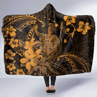 Hawaii King Kamehameha Day Hooded Blanket Polynesian Pattern Mix Hibiscus Gold