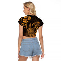 Hawaii King Kamehameha Day Raglan Cropped T Shirt Polynesian Pattern Mix Hibiscus Gold
