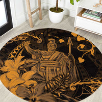 Hawaii King Kamehameha Day Round Carpet Polynesian Pattern Mix Hibiscus Gold