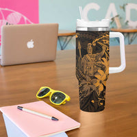Hawaii King Kamehameha Day Tumbler With Handle Polynesian Pattern Mix Hibiscus Gold