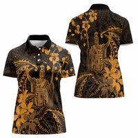 Hawaii King Kamehameha Day Women Polo Shirt Polynesian Pattern Mix Hibiscus Gold